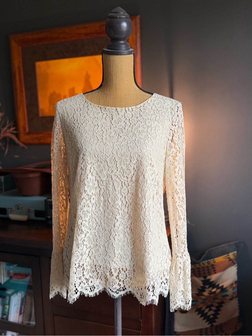 Adrienne Vittadini Cream Lace Long-Sleeve Blouse